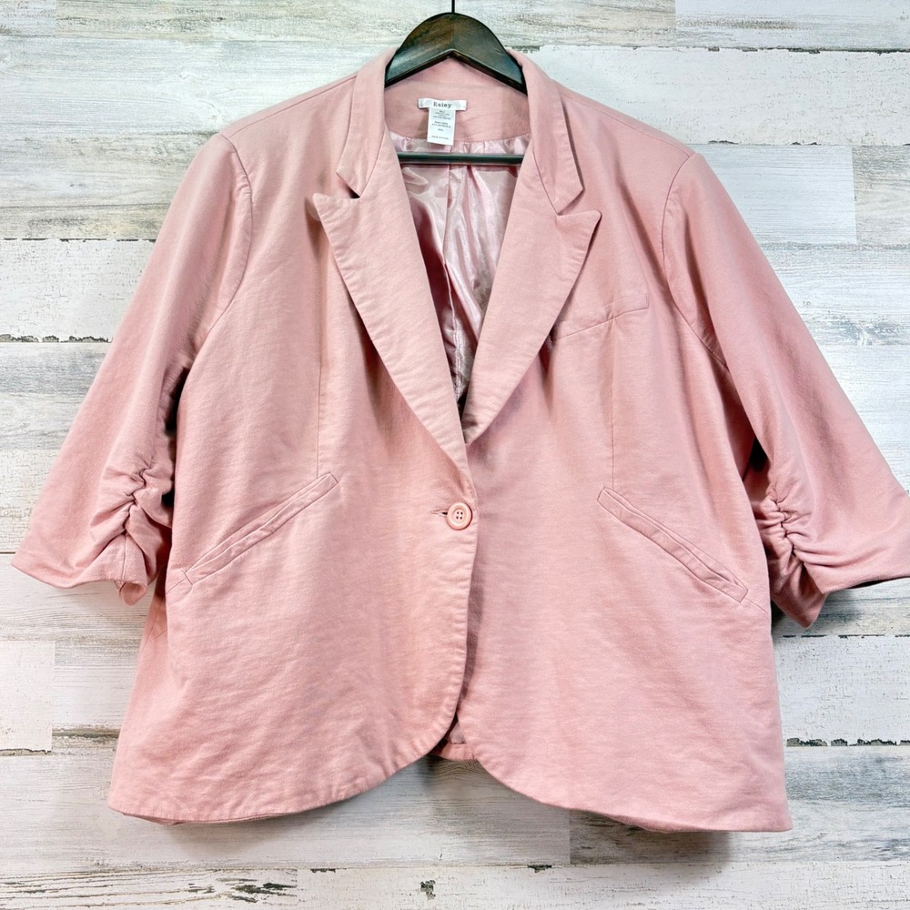Esley‎ Womens Plus 4XL Dusty Rose Pink Ruched 3/4 Sleeve Cotton Blazer Jacket